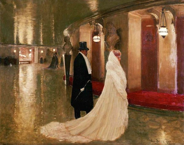 Main Product Photo of An Elegant Couple Entering a Box at the Paris Opera Painting by Jean Beraud