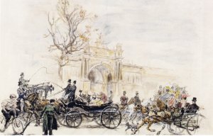 In front of the Palais de L'Industrie, Paris by Jean Beraud Oil Painting