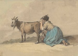 Vrouw die een geit melkt by Jean Bernard Oil Painting