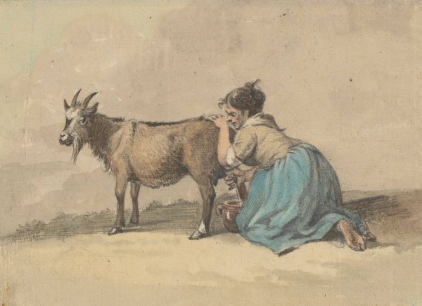 Vrouw die een geit melkt  by Jean Bernard - Hand-Painted Oil Painting Reproduction