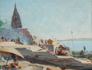 Benares on the Ganges, India's spiritual capital Oil painting by Jean Celestin Tancrede Bastet