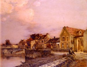 Figures At The Village Pond, Sunset by Jean-Charles Cazin Oil Painting