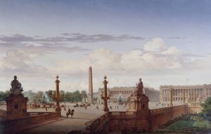 La place de la Concorde, vue de la terrasse du bord de l'eau ; le roi Louis-Philippe traverse la place en voiture by Jean-Charles Geslin Oil Painting