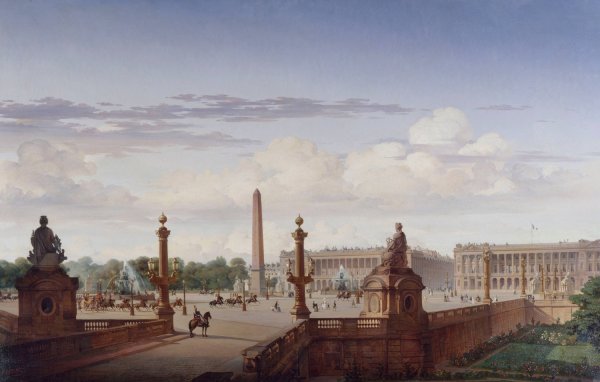 Main Product Photo of La place de la Concorde, vue de la terrasse du bord de l'eau ; le roi Louis-Philippe traverse la place en voiture  Painting by Jean-Charles Geslin