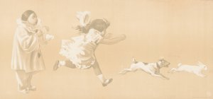 Girl chasing a dog who is chasing a rabbit while a clown looks on by Jean De Paleologue Oil Painting