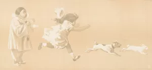 Girl chasing a dog who is chasing a rabbit while a clown looks on by Jean De Paleologue Oil Painting