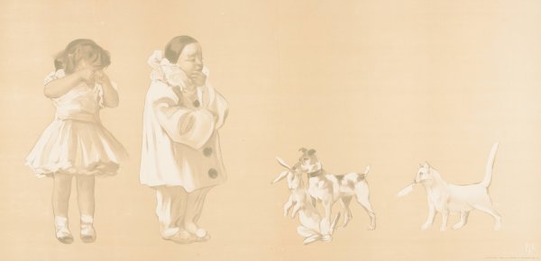 Girl crying, thoughtful clown looking down at the dog with rabbit in mouth  by Jean De Paleologue - Hand-Painted Oil Painting Reproduction