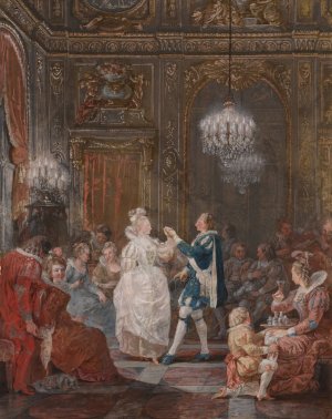 A party in a Louis XVI interior lit by a candelabra and a torchere, with a couple dancing the minuet by Jean Demosthene Dugourc Oil Painting