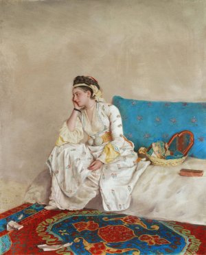 Woman in Turkish Dress, Seated on a Sofa by Jean-Etienne Liotard Oil Painting