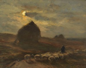 Flock of sheep and shepherd by moonlight by Jean Ferdinand Chaigneau Oil Painting