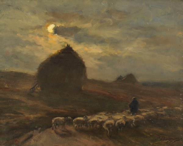 Main Product Photo of Flock of sheep and shepherd by moonlight Painting by Jean Ferdinand Chaigneau