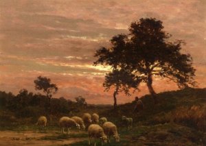 Shepherd and His Flock at Sunset