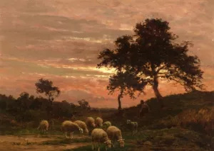 Shepherd and His Flock at Sunset Oil painting by Jean Ferdinand Chaigneau