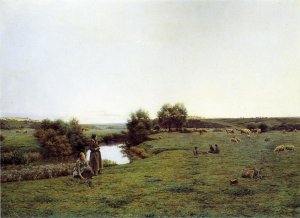 Picking Wildflowers in a Pastoral Landscape by Jean Ferdinand Monchablon Oil Painting