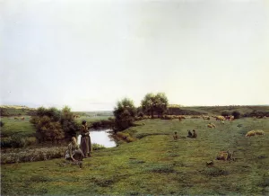 Picking Wildflowers in a Pastoral Landscape painting by Jean Ferdinand Monchablon