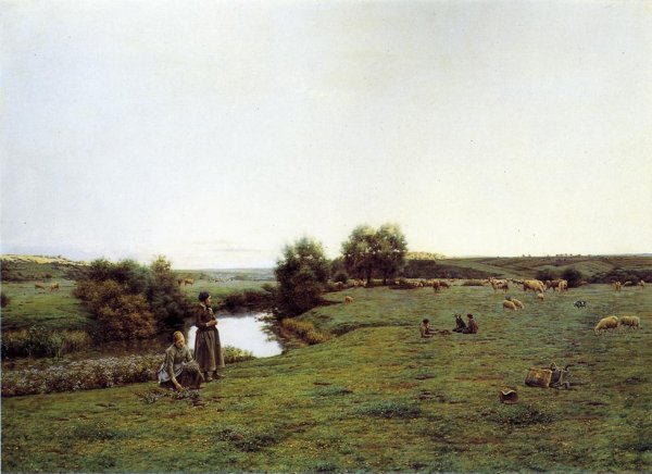 Main Product Photo of Picking Wildflowers in a Pastoral Landscape Painting by Jean Ferdinand Monchablon