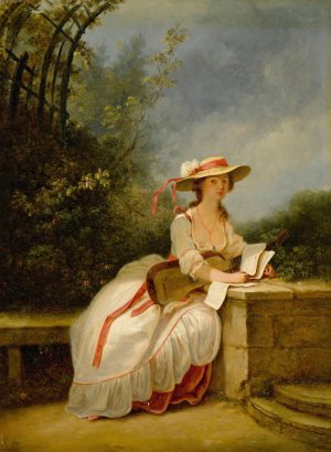 A Lady Seated In a Garden With a Guitar And Music by Jean-Frederic Schall Oil Painting