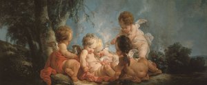 Groupe de cinq Amours jouant avec des colombes by Jean-Francois Clermont Oil Painting