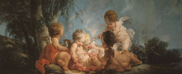Main Product Photo of Groupe de cinq Amours jouant avec des colombes  Painting by Jean-Francois Clermont