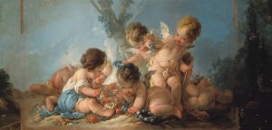 Groupe de six Amours jouant avec des fleurs by Jean-Francois Clermont Oil Painting