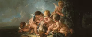 Groupe de six Amours jouant avec un chien by Jean-Francois Clermont Oil Painting