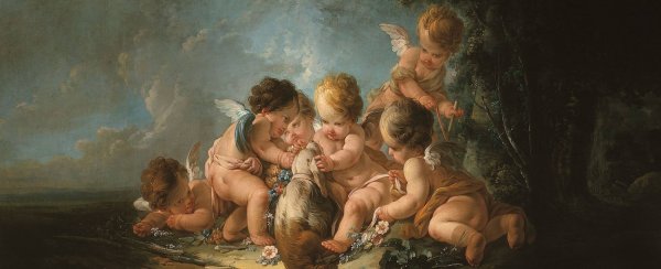 Main Product Photo of Groupe de six Amours jouant avec un chien  Painting by Jean-Francois Clermont