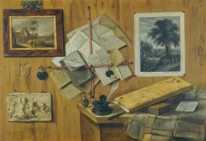 A Trompe L'oeil Still Life, With A Painted Landscape, A Relief And A Mezzotint Of Peasants By A Cottage by Jean Francois De La Motte Oil Painting