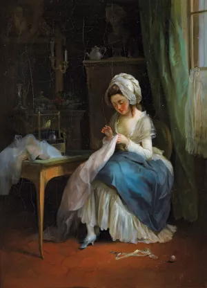 Young girl embroiding in an interior Oil painting by Jean-Francois Garneray