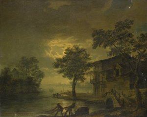 River Landscape with Fishermen at Moonshine by Jean Francois Hue Oil Painting