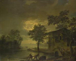 River Landscape with Fishermen at Moonshine by Jean Francois Hue Oil Painting