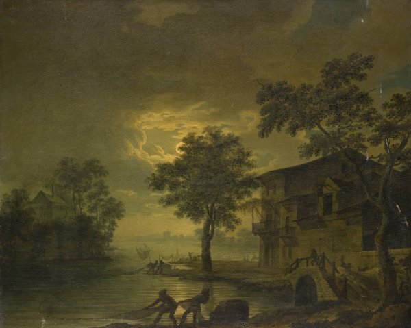 Main Product Photo of River Landscape with Fishermen at Moonshine Painting by Jean Francois Hue