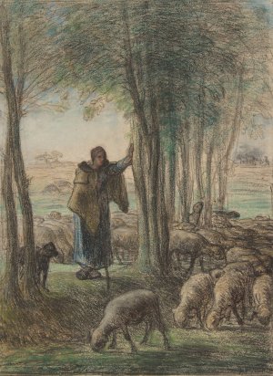 A Shepherdess and Her Flock in the Shade of Trees by Jean-Francois Millet Oil Painting
