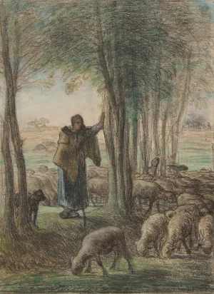 A Shepherdess and Her Flock in the Shade of Trees by Jean-Francois Millet Oil Painting