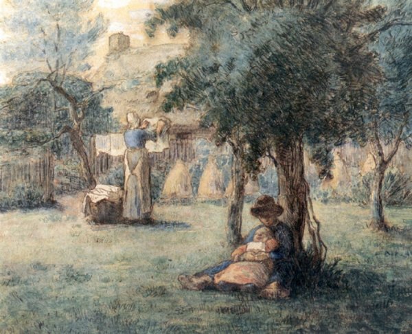 Femme Etandant Sonligne by Jean-Francois Millet - Hand-Painted Oil Painting Reproduction
