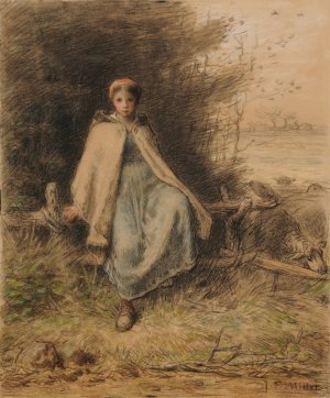 Jeune bergere assise sur une barriere by Jean-Francois Millet Oil Painting