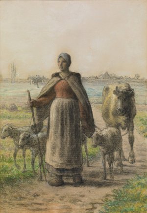 Paysanne Conduisant Aux Champs Sa Vache Et Ses Moutons by Jean-Francois Millet Oil Painting