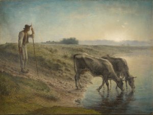 Peasant Watering his cows on the bank of the Allier River, dusk by Jean-Francois Millet Oil Painting