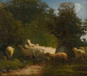 Sheep Grazing Along A Hedgerow by Jean-Francois Millet Oil Painting