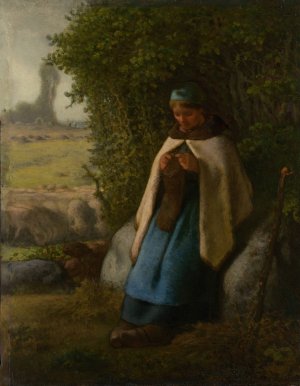Shepherdess Seated on a Rock by Jean-Francois Millet Oil Painting