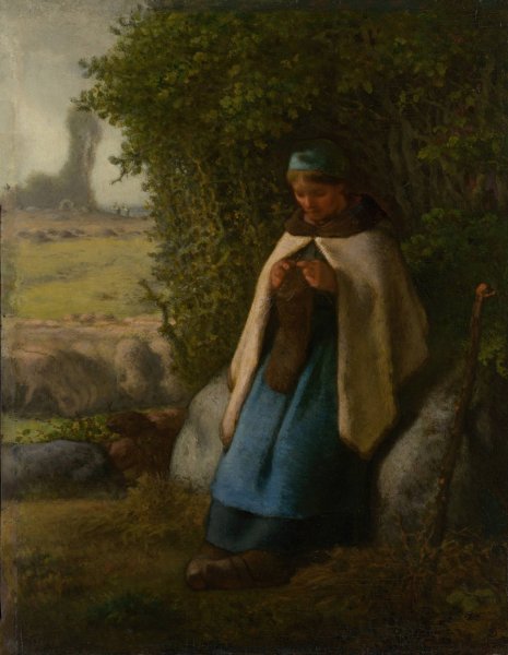 Shepherdess Seated on a Rock  by Jean-Francois Millet - Hand-Painted Oil Painting Reproduction