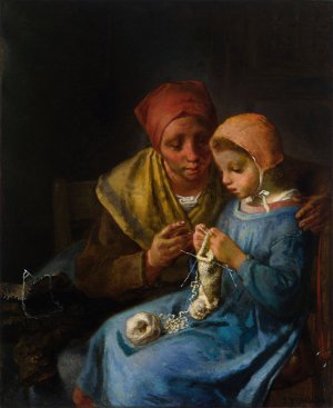 The Knitting Lesson by Jean-Francois Millet Oil Painting