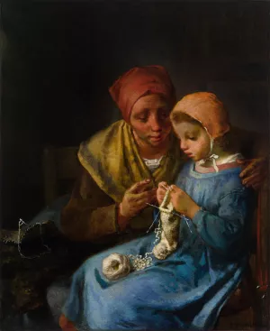The Knitting Lesson by Jean-Francois Millet Oil Painting