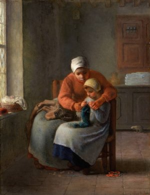 The Knitting Lesson by Jean-Francois Millet Oil Painting