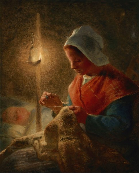 Woman Sewing by Lamplight  by Jean-Francois Millet - Hand-Painted Oil Painting Reproduction