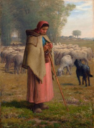 Young Girl Guarding Her Sheep by Jean-Francois Millet Oil Painting