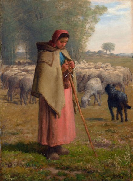 Young Girl Guarding Her Sheep  by Jean-Francois Millet - Hand-Painted Oil Painting Reproduction