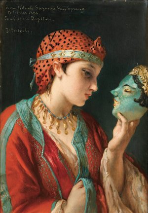 Portrait of a young girl with a mask by Jean Francois Portaels Oil Painting