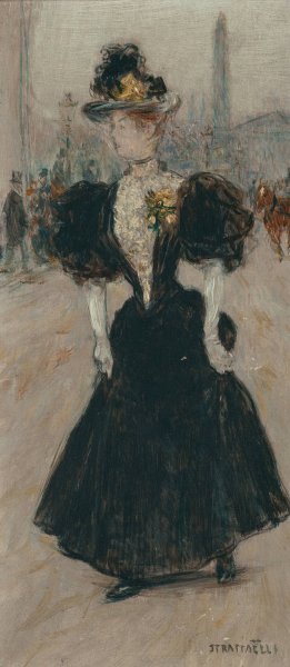An Elegant Young Lady Crossing the Place de la Concord with the Obelisk Beyond by Jean Francois Raffaelli Oil Painting