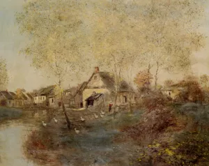 Feeding the Ducks Along the Canal by Jean-Francois Raffaelli Oil Painting