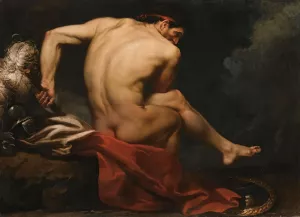 A Naked Warrior, Seated On A Rock Beside His Shield And Plumed Helmet by Jean-Germain Drouais Oil Painting
